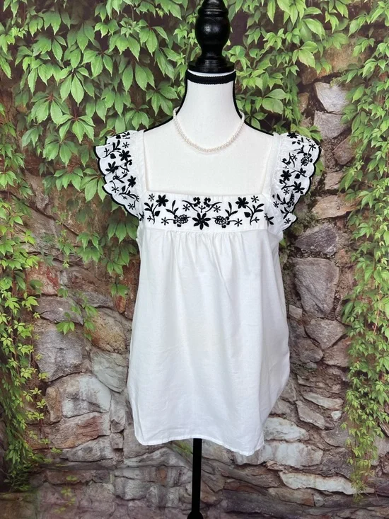 LOFT Black and White Embroidered Pinafore-Style Top, M - Picture 2 of 11
